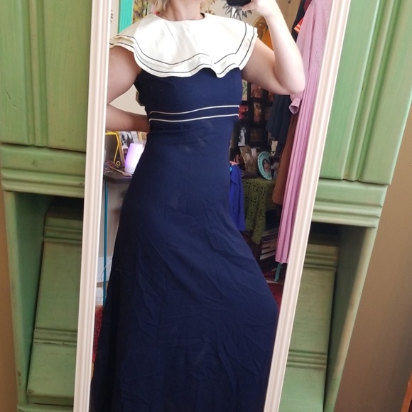 VTG Sailor Collared Navy & White Maxi Dress - Picture 2 of 8